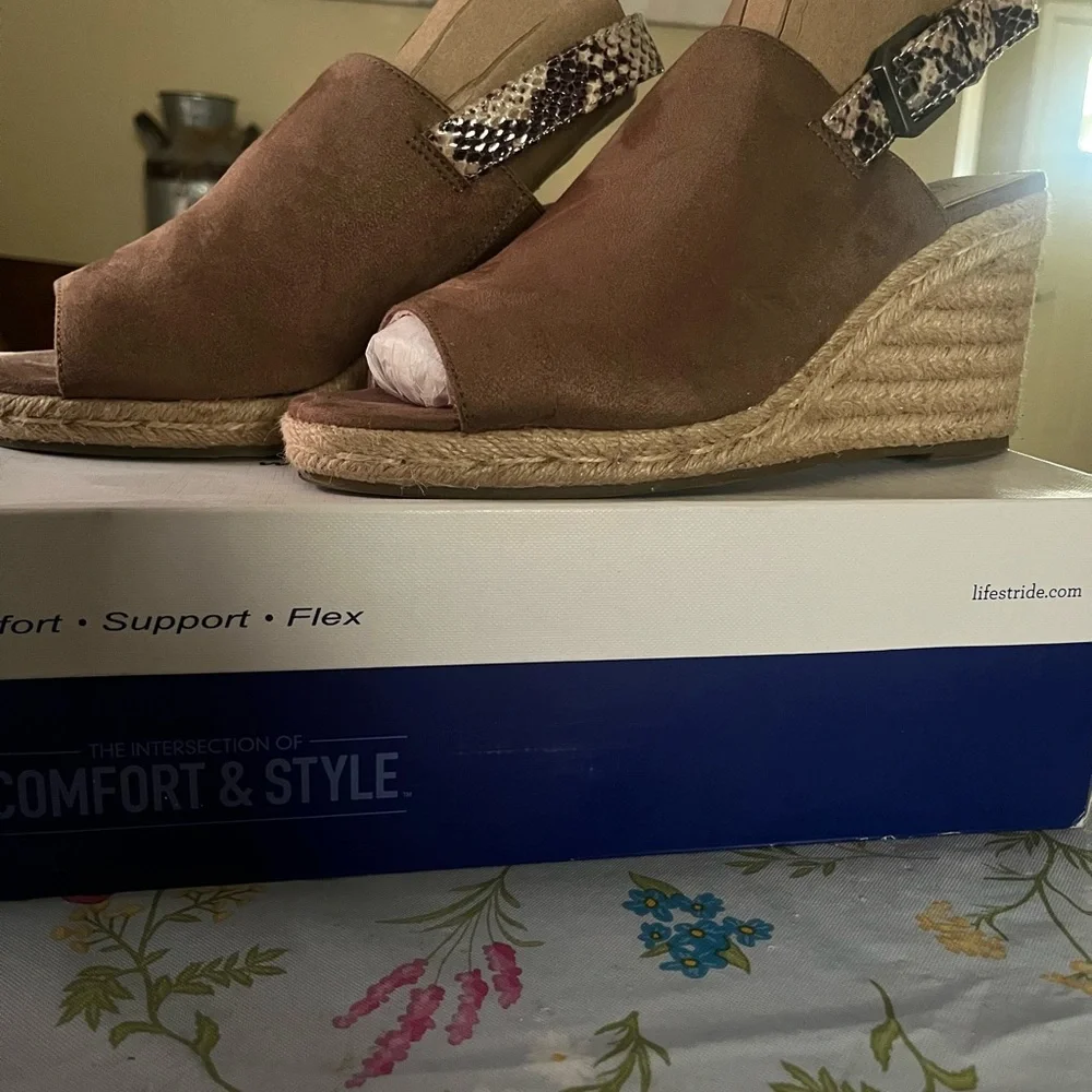 Life Stride Brown Espadrille Wedge Sandals with Snake-Print Slingback